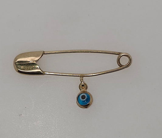 9CT YELLOW GOLD IMPORTED SAFETY PIN WITH 3.8MM EVIL EYE.