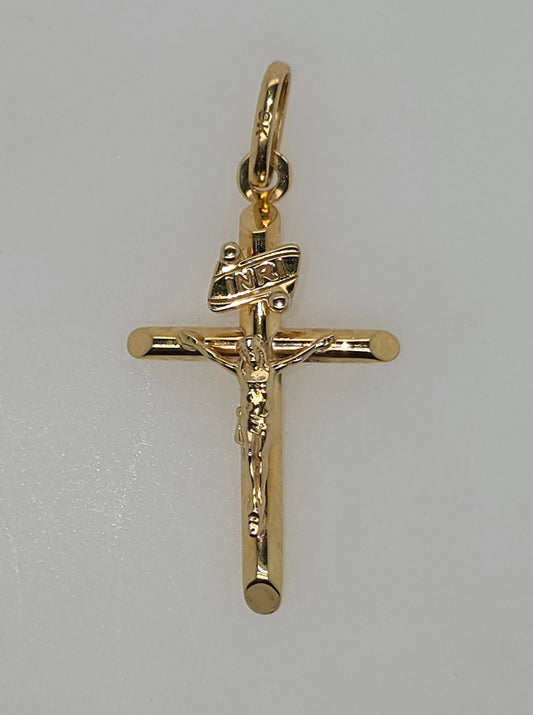 9CT YELLOW GOLD IMPORTED TUBULAR 25MM X 17MM CRUCIFIX PENDANT.
