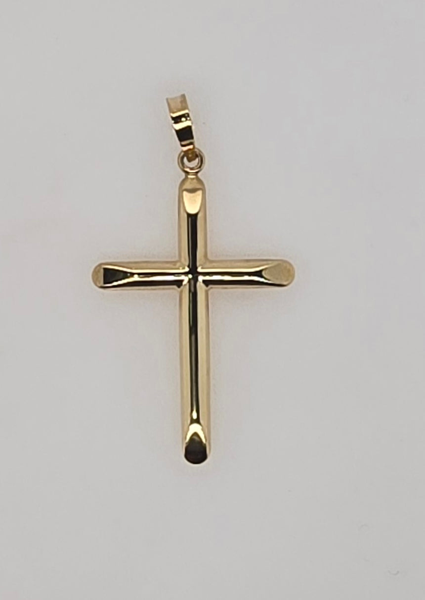 9CT YELLOW GOLD IMPORTED PLAIN TUBULAR CROSS PENDANT.