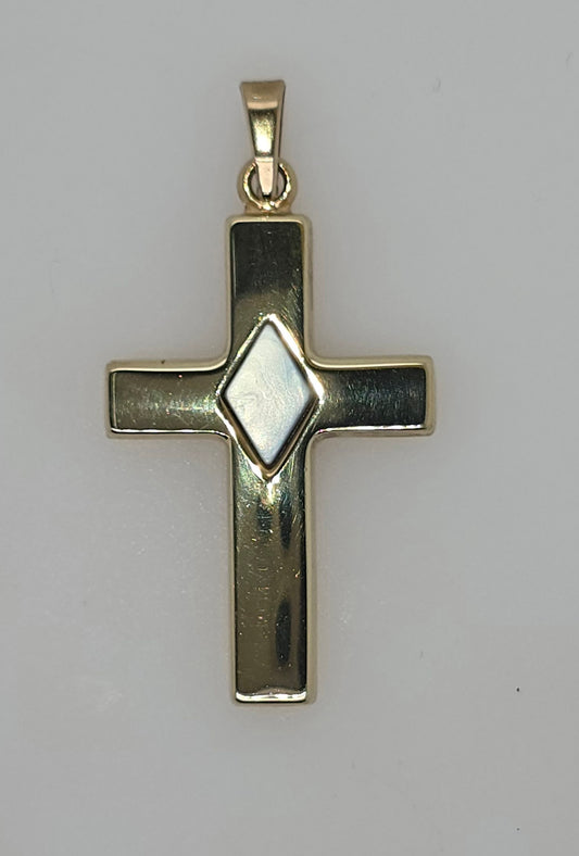 9CT YELLOW GOLD IMPORTED CROSS PENDANT WITH MOTHER OF PEARL CENTER.