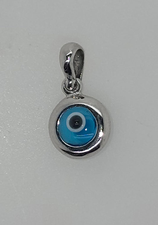 9CT WHITE GOLD IMPORTED 7.5MM EVIL EYE PENDANT.