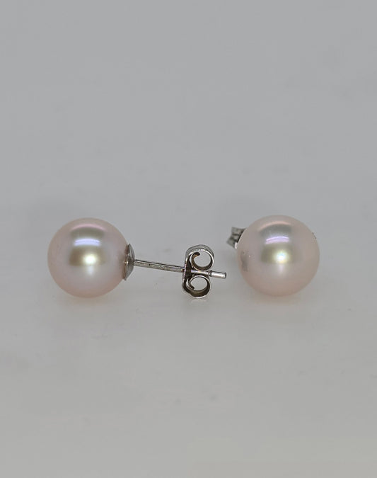 STERLING SILVER 9-10MM PINK FRESHWATER PEARL STUD EARRINGS.