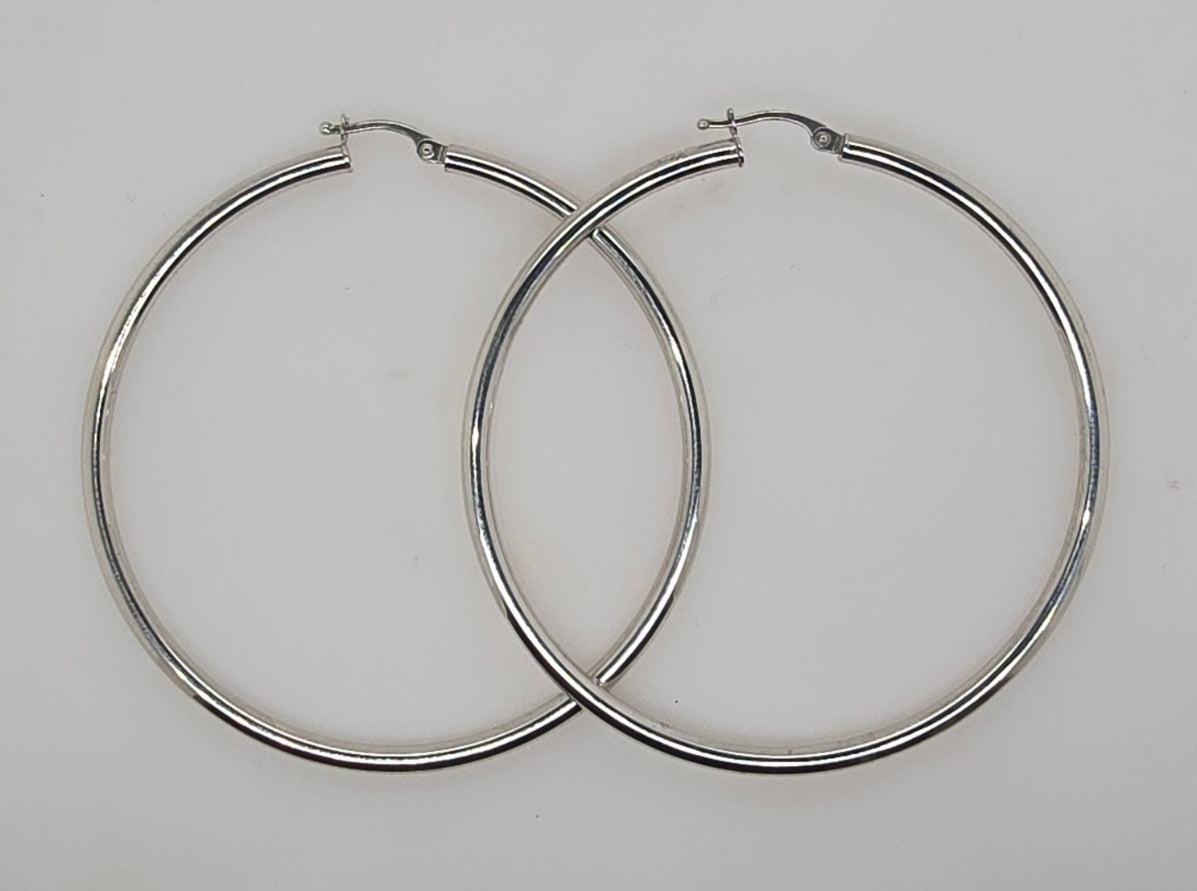 9CT WHITE GOLD IMPORTED 2.5MM X 50MM HOOP EARRINGS