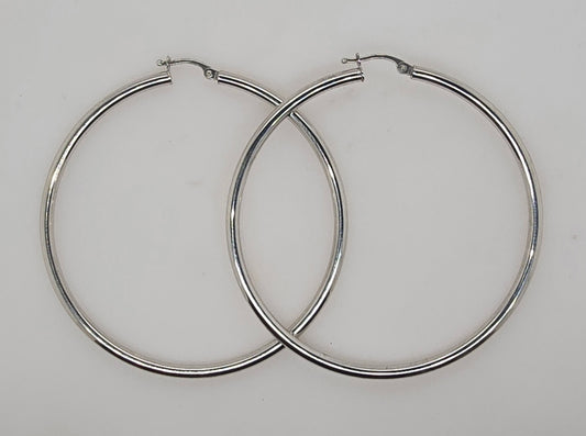 9CT WHITE GOLD IMPORTED 2.5MM X 50MM HOOP EARRINGS