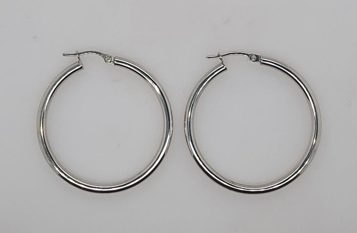 9CT WHITE GOLD IMPORTED 2.5MM X 30MM HOOP EARRINGS