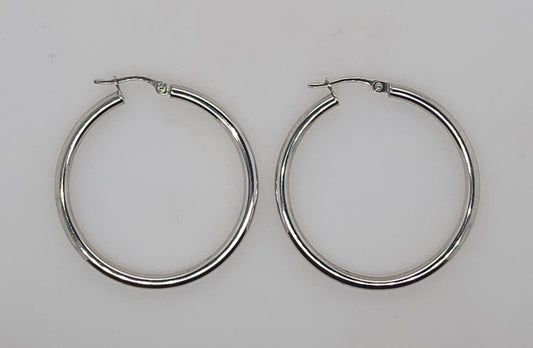 9CT WHITE GOLD IMPORTED 2.5MM X 30MM HOOP EARRINGS