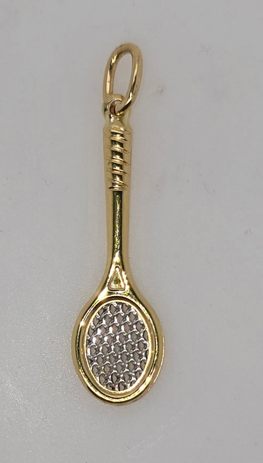 18CT TWO TONE IMPORTED 30MM TENNIS RACKET PENDANT.