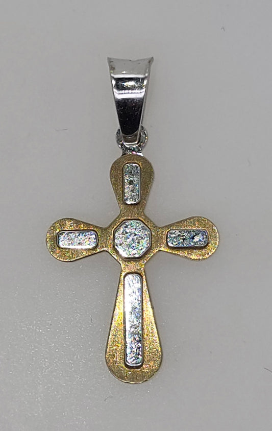 9CT TWO TONE IMPORTED ITALIAN SOLID 20MM X 15MM CROSS PENDANT.