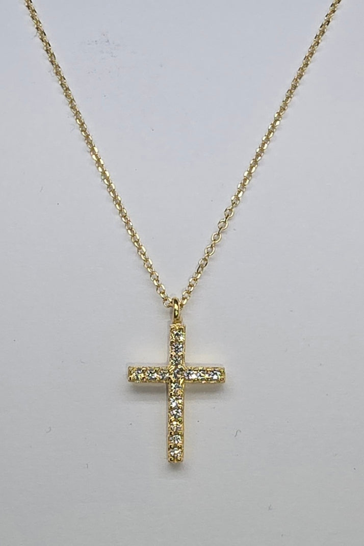 9CT YELLOW GOLD ITALIAN CUBIC ZIRCONIA CROSS PENDANT.