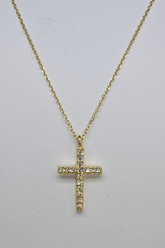 9CT YELLOW GOLD ITALIAN CUBIC ZIRCONIA CROSS PENDANT.