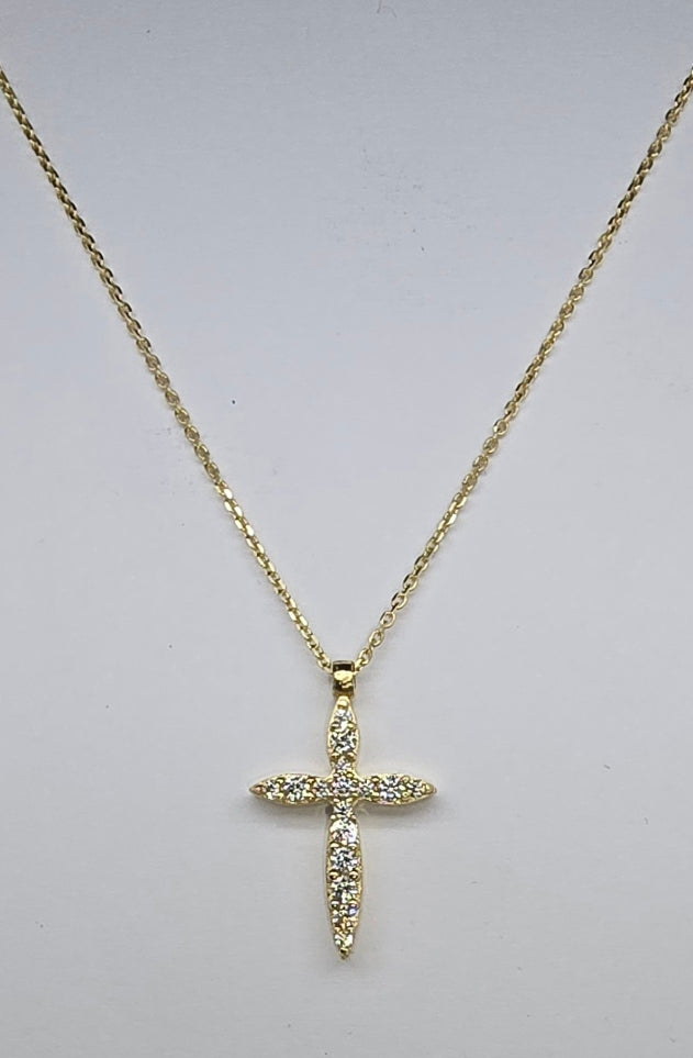 9CT YELLOW GOLD ITALIAN CUBIC ZIRCONIA CROSS PENDANT.