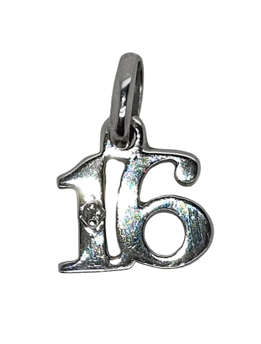 9CT WHITE GOLD SOLID 8MM NUMBER 16 PENDANT SET WITH A DIAMOND.