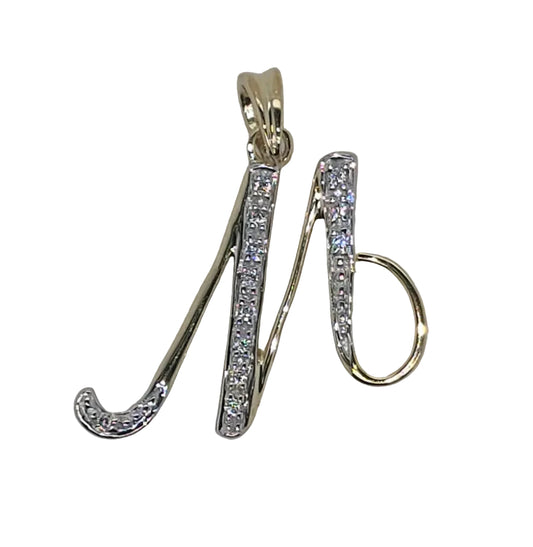 9CT YELLOW GOLD DIAMOND SCRIPT 15MM INITIAL M PENDANT WITH 12 DIAMONDS = 0.04CT
