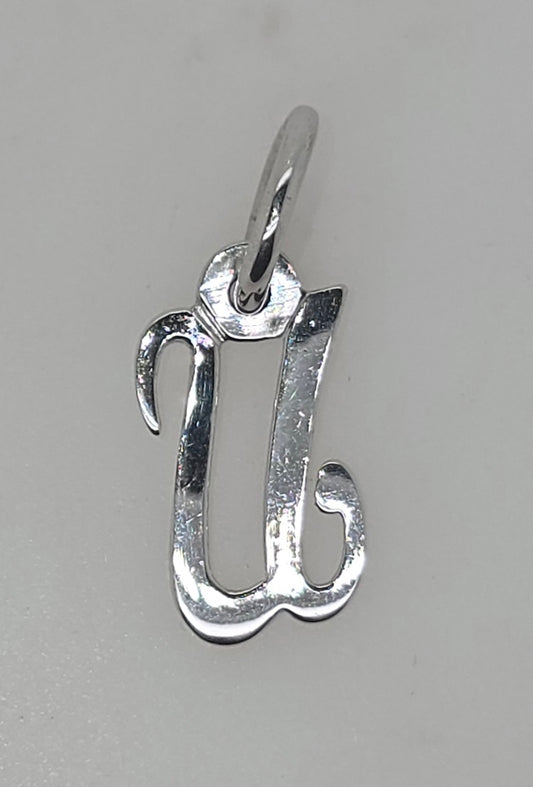 9CT WHITE GOLD SOLID 16MM INITIAL U PENDANT.