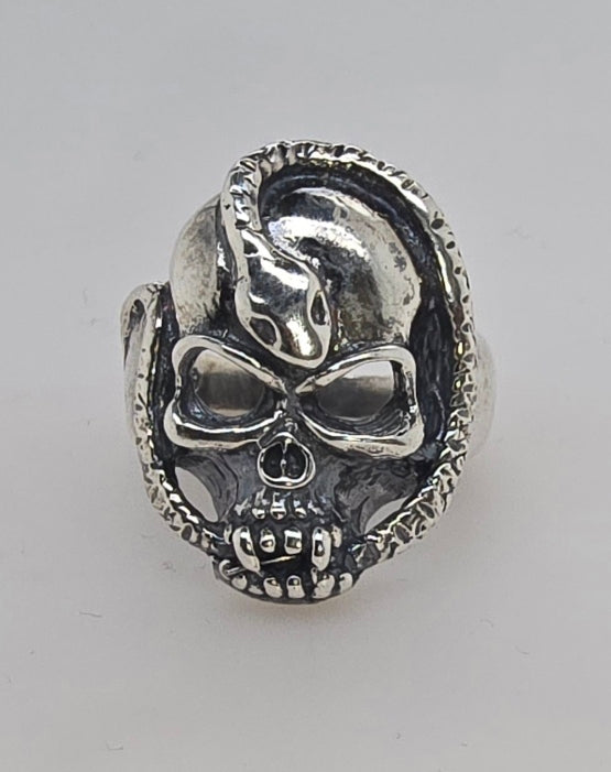 STERLING SILVER 26MM SKULL WITH SNAKE RING.