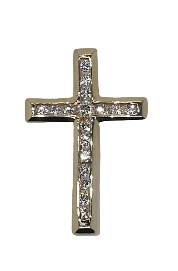 9CT YELLOW GOLD CHANNEL SET DIAMOND SLIDER CROSS PENDANT.