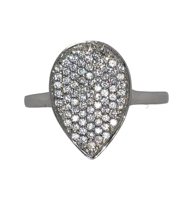 STERLING SILVER PAVE SET CUBIC ZIRCONIA PEAR SHAPE RING.