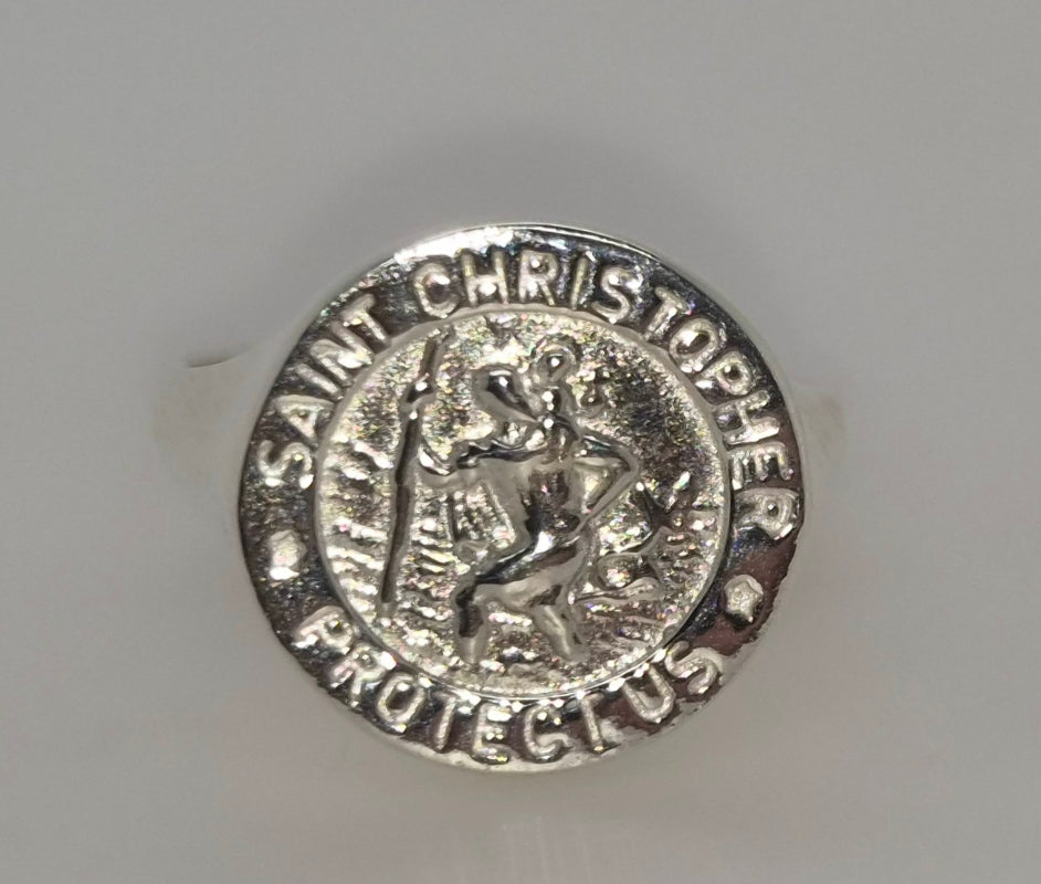 STERLING SILVER 15MM SAINT CHRISTOPHER SIGNET RING FINGER SIZE O