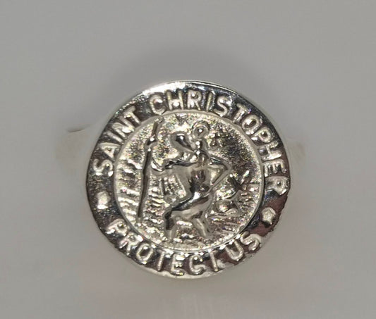 STERLING SILVER 15MM SAINT CHRISTOPHER SIGNET RING FINGER SIZE O