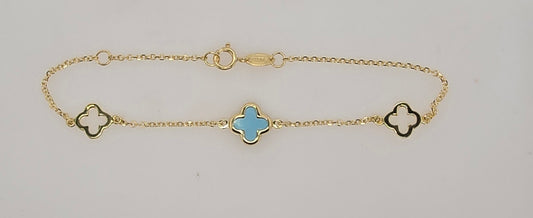 9CT YELLOW GOLD IMPORTED TURQUOISE CLOVER CHARM BRACELET.