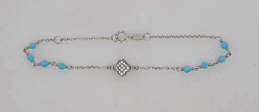 9CT WHITE GOLD IMPORTED CUBIC ZIRCONIA CLOVER AND BEAD 16-18CM BRACELET.