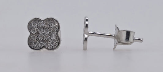 9CT WHITE GOLD IMPORTED CUBIC ZIRCONIA CLOVER STUD EARRINGS.