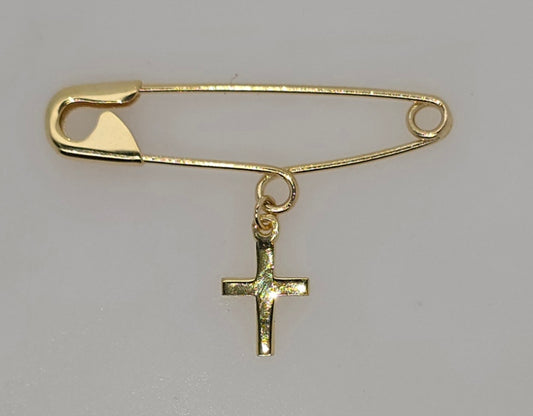 9CT YELLOW GOLD SOLID IMPORTED 31MM PIN WITH CROSS CHARM.
