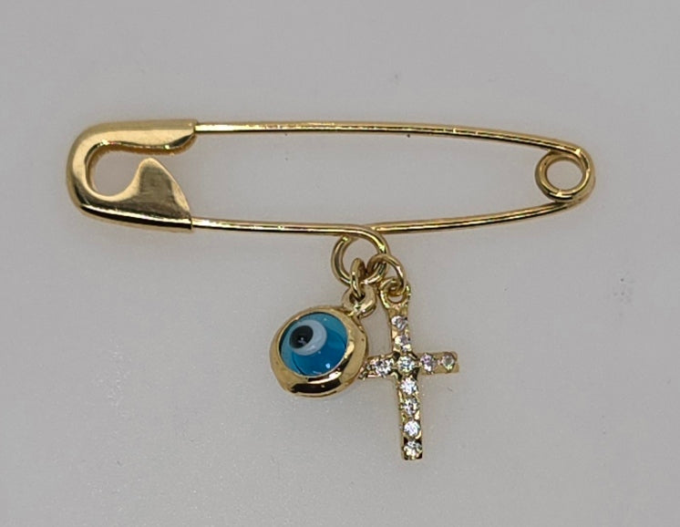 9CT YELLOW GOLD PIN WITH 5.8MM EVIL EYE AND CUBIC ZIRCONIA CROSS CHARM.