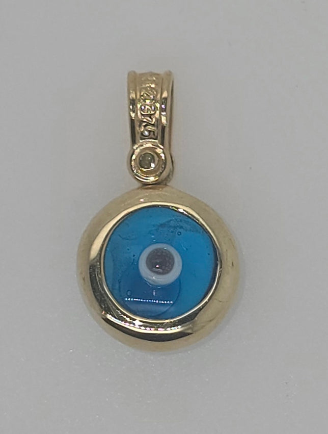 9CT YELLOW GOLD IMPORTED 10MM EVIL EYE PENDANT.