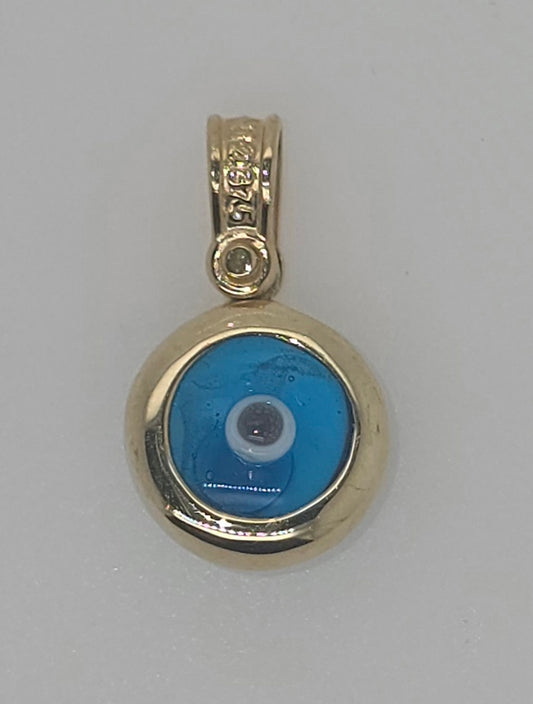 9CT YELLOW GOLD IMPORTED 10MM EVIL EYE PENDANT.