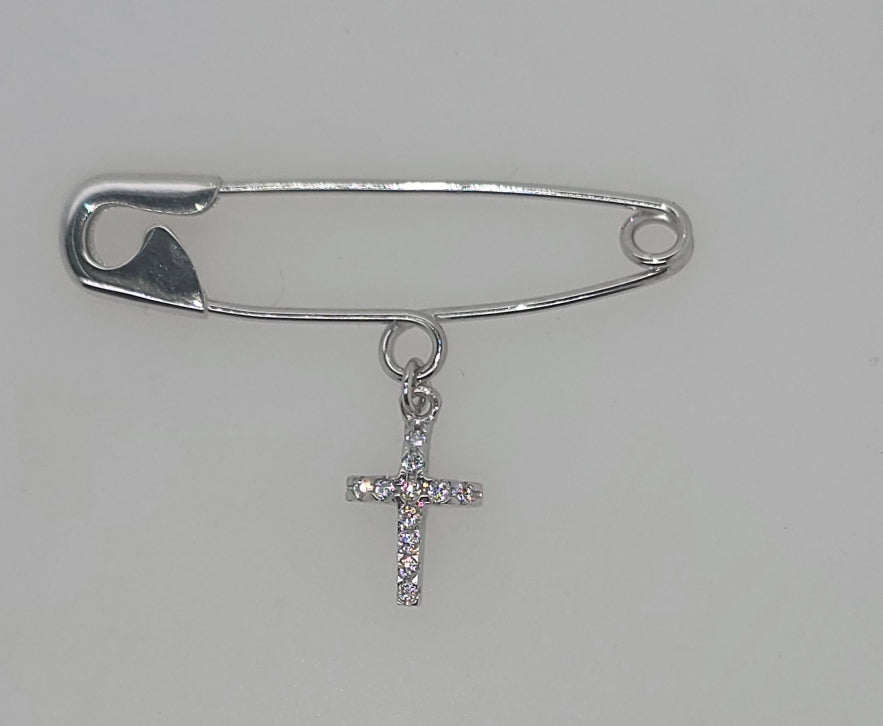 9CT WHITE GOLD IMPORTED SOLID 31MM PIN WITH CUBIC ZIRCONIA CROSS CHARM.