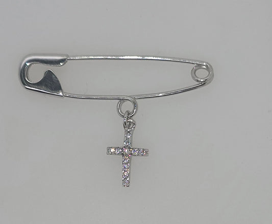9CT WHITE GOLD IMPORTED SOLID 31MM PIN WITH CUBIC ZIRCONIA CROSS CHARM.