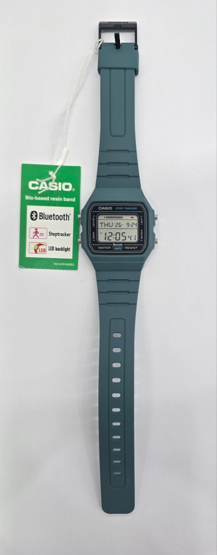 CASIO DIGITAL WATCH STEP TRACKER, ALARM, STOPWATCH, DUAL TIME GREEN RESIN BAND FB100W-3A.