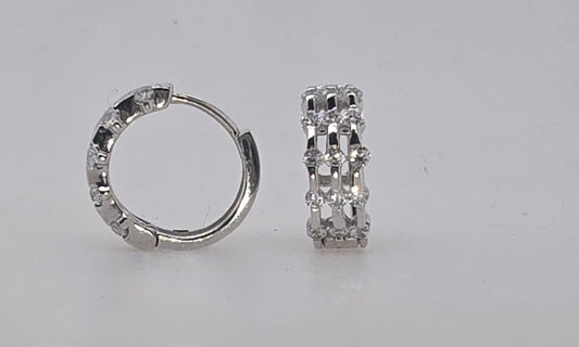 18CT WHITE GOLD 4.8MM X 9.5MM 3 ROW CUBIC ZIRCONIA FANCY HUGGIE EARRINGS