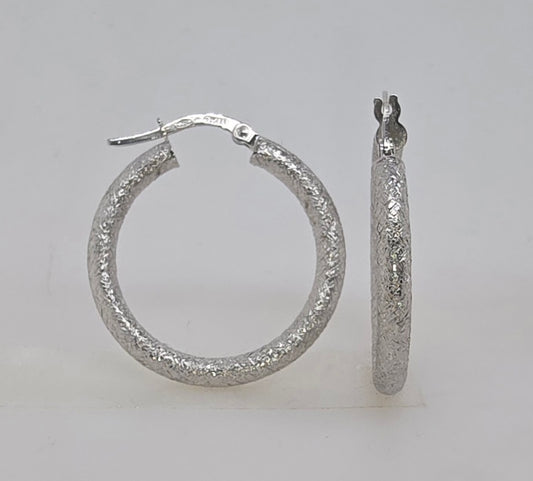 18CT WHITE GOLD IMPORTED 3 X 20MM PATTERN HOOP EARRINGS