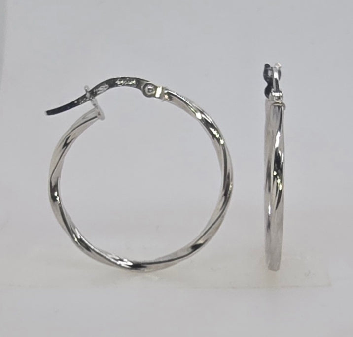 18CT WHITE GOLD ITALIAN 1.6MM X 20MM TWIST HOOP EARRINGS