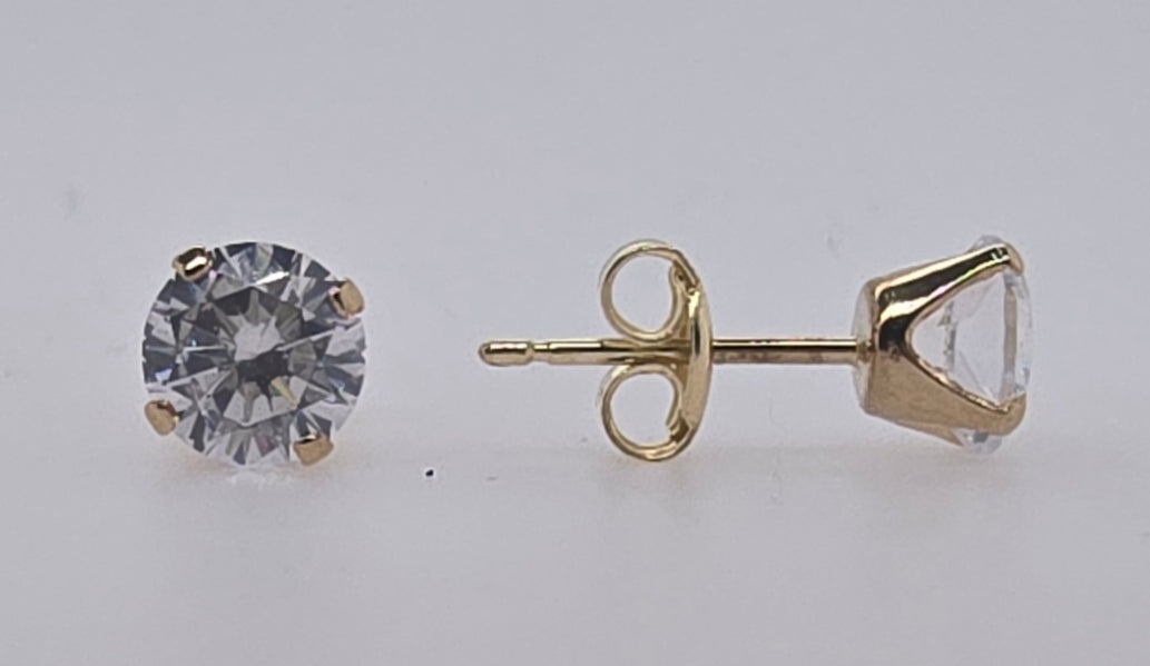 9CT YELLOW GOLD 6MM ROUND CUBIC ZIRCONIA STUD EARRINGS.