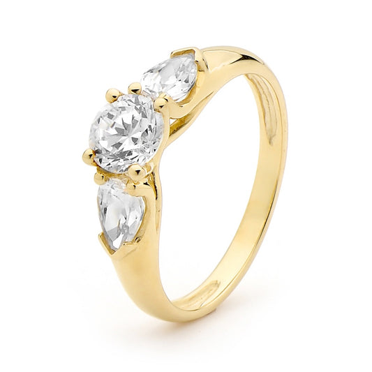 9CT YELLOW GOLD ROUND AND PEAR SHAPE CUBIC ZIRCONIA RING