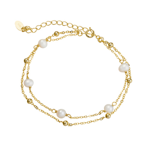 STERLING SILVER GOLD PLATED DOUBLE ROW BRACELET WITH BALLS AND FRESHWATER PEARLS.