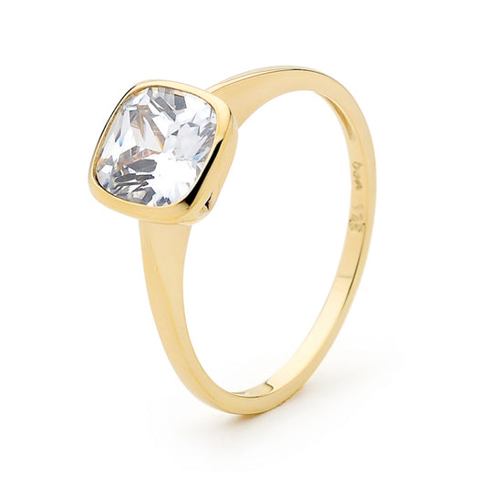 9CT YELLOW GOLD BEZEL SET CUSHION CUT CUBIC ZIRCONIA RING