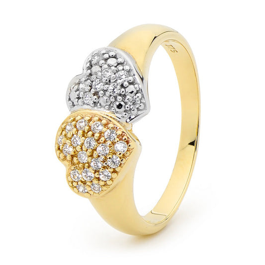 9CT YELLOW GOLD TWIN HEART CUBIC ZIRCONIA PAVE SET RING