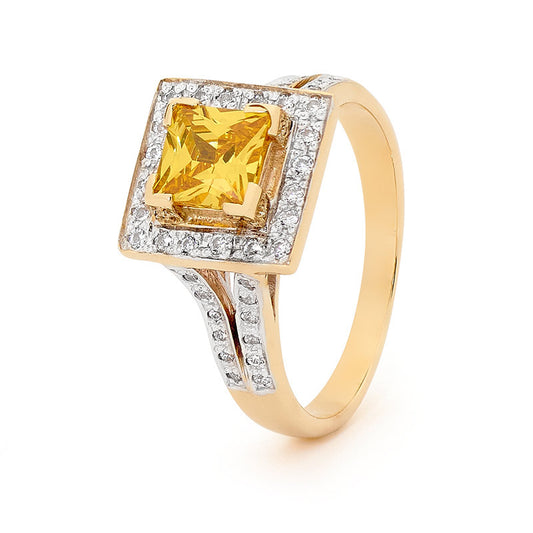 9CT YELLOW GOLD CITRINE CUBIC ZIRCONIA AND HALORING