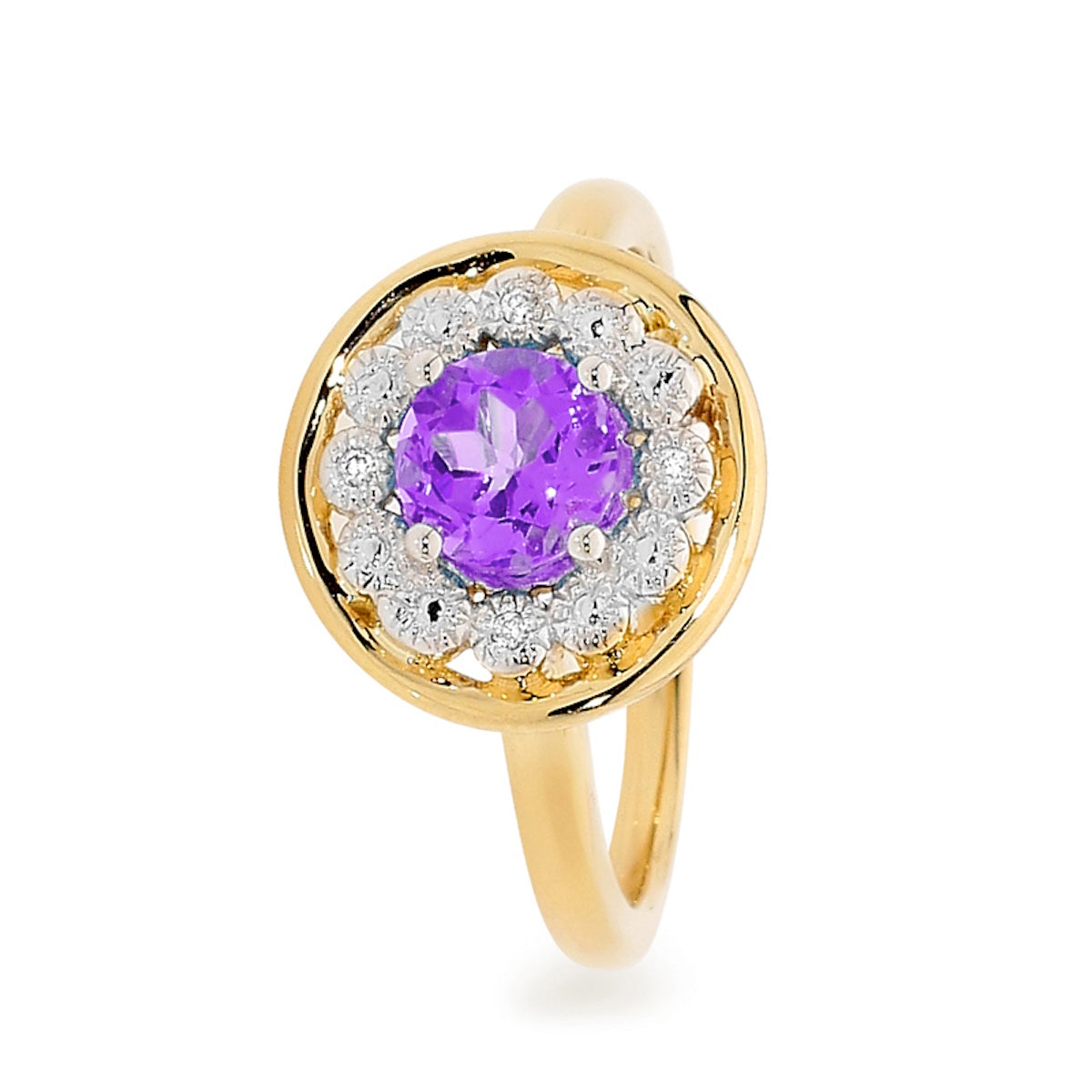 9CT YELLOW GOLD AMETHYST AND DIAMOND HALO RING