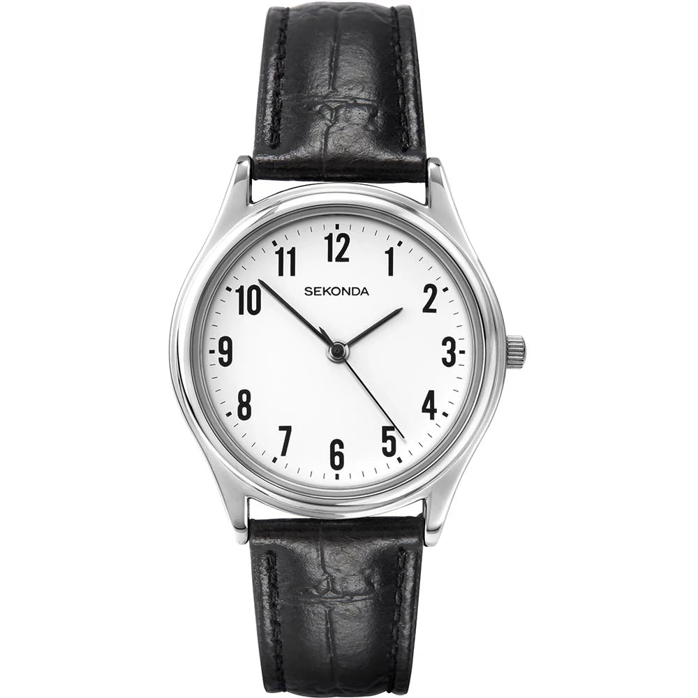 SEKONDA MENS WATCH STEEL COLOUR WHITE DIAL BLACK LEATHER BAND SK3621