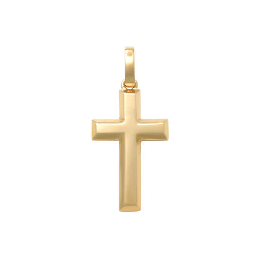 9CT YELLOW GOLD IMPORTED BEVELLED EDGE POLISHED CROSS PENDANT .