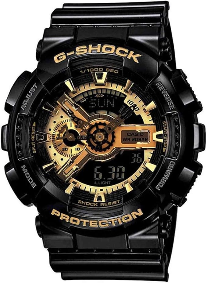 G-SHOCK DUO GLOSSY BLACK 200M WATER RESITANT, WORLDTIME, STOPWATCH LED GOLD TRIM ON THE FACE BLACK RESIN BAND . GA110GB-1A