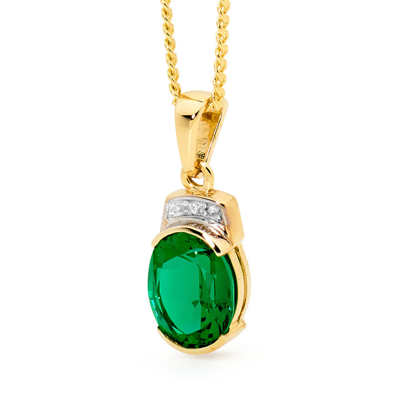 9CT YELLOW GOLD CREATED EMERALD AND DIAMOND PENDANT