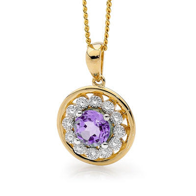 9CT YELLOW GOLD AMETHYST AND DIAMOND HALO PENDANT