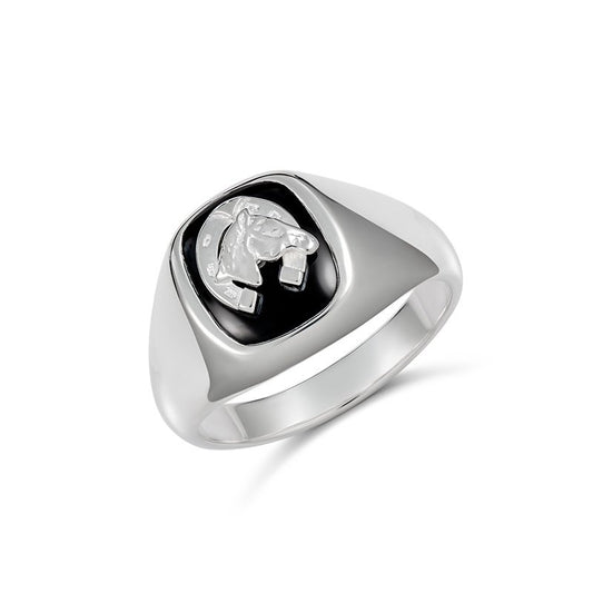STERLING SILVER CUSHION CUT BLACK ONYX RING WITH HORSESHOE AND HEAD