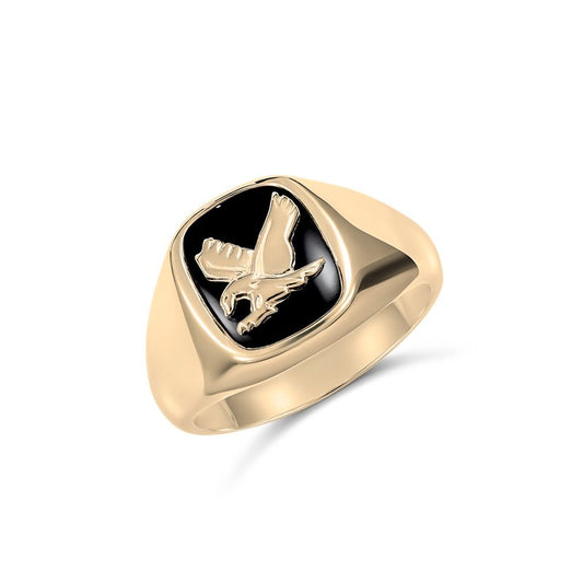 9CT YELLOW GOLD CUSHION CUT BLACK ONYX RING WITH LANDING EAGLE